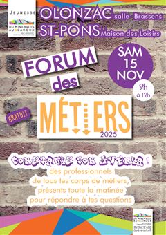Affiche Forum des Métiers 2025 à Olonzac et St-Pons de Thomières, samedi 15 novembre, de 9h à 12h